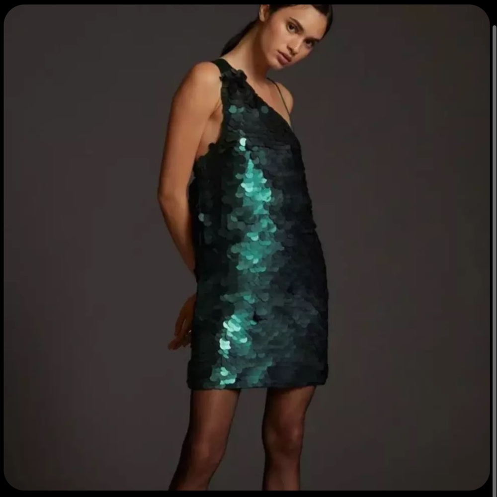 Maeve Anthropologie sequined one shoulder mini dress in dark turquoise green.